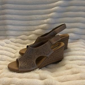 Clarks Taupe Perforated Slingback Wedge Sandals